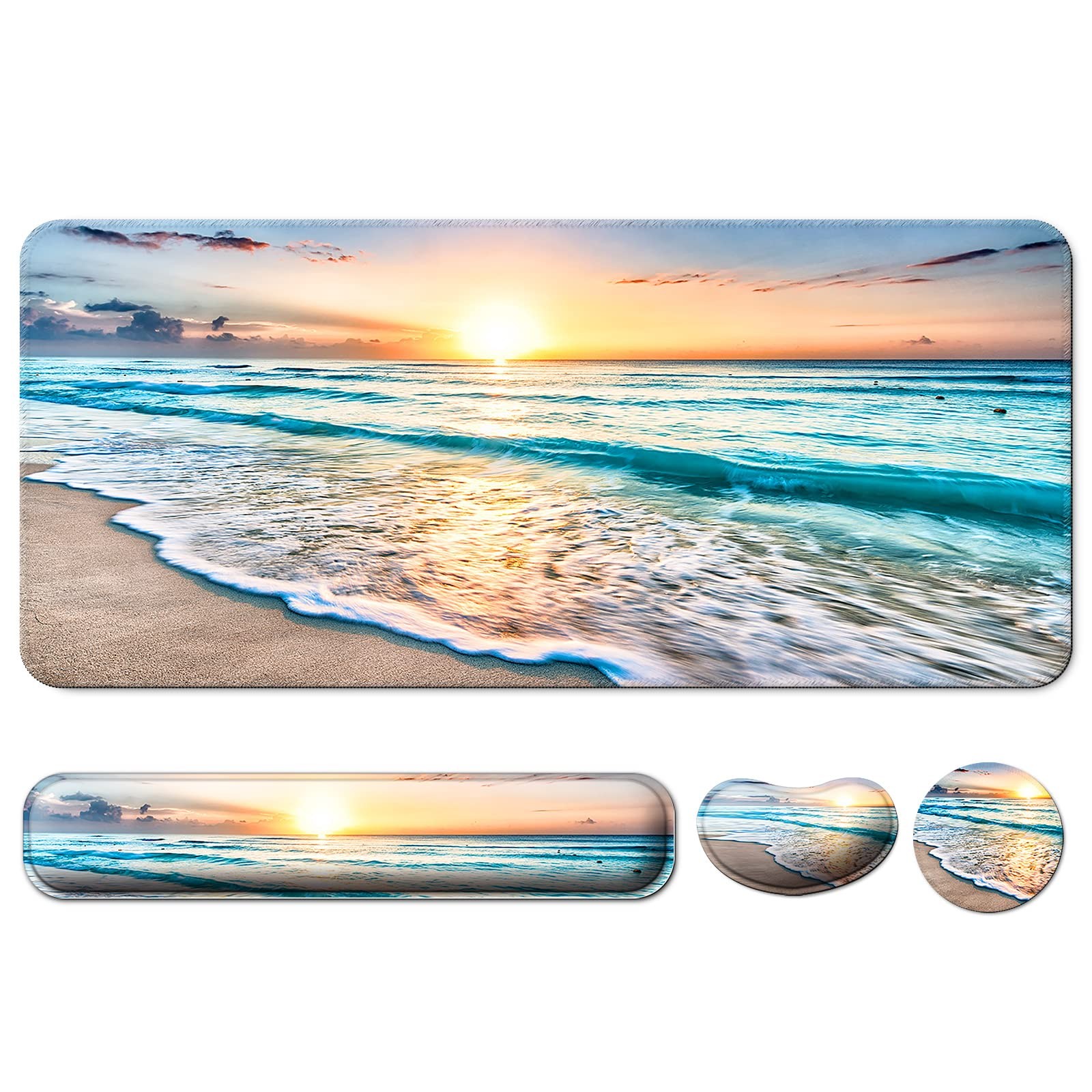 4 in 1 Mouse Pad and Keyboard Wrist Rest,Large Desk Mat,Coaster Set-Beach