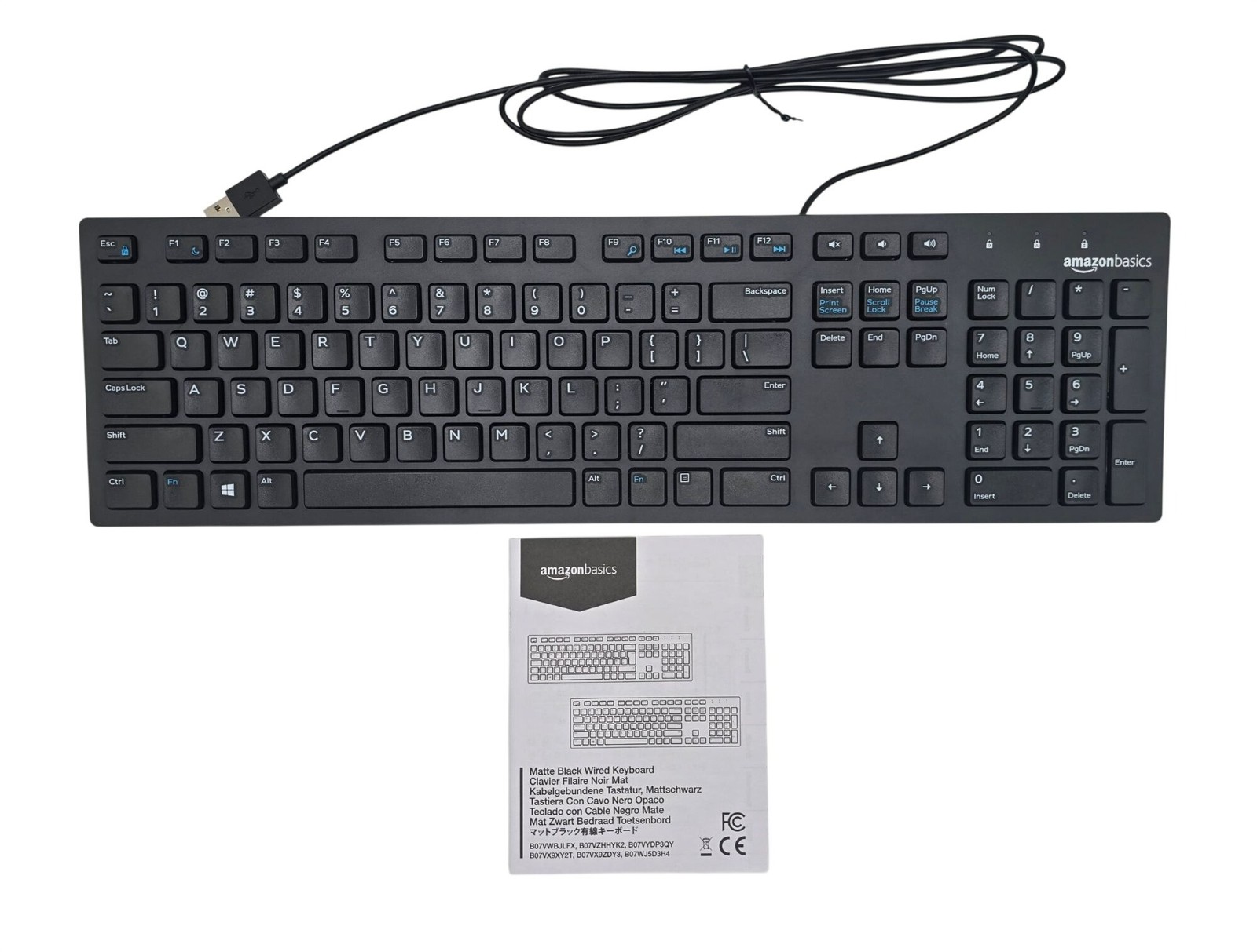 Sleek Matte Black Wired Keyboard - QWERTY Layout USB Connect Plug & Play