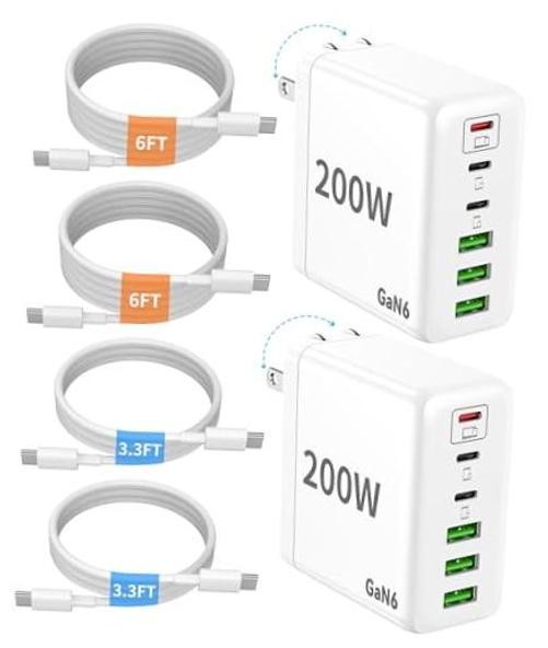 2 Pack USB C Charger Block, 200W GaN Super Fast Charger Type C iPhone 17 16