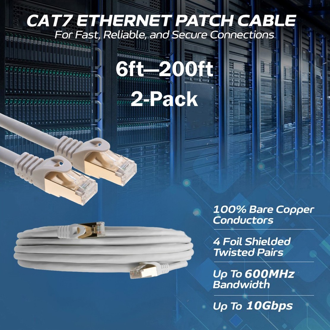 2-Pack CAT7 S/FTP Ethernet Patch Cord 600MHz Network Cable 6FT-200FT Gray Lot