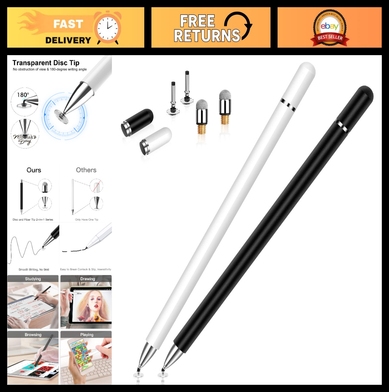 2 Pack Stylus Pen for Touchscreen Devices | High Sensitivity, Disc & Fiber Tips,