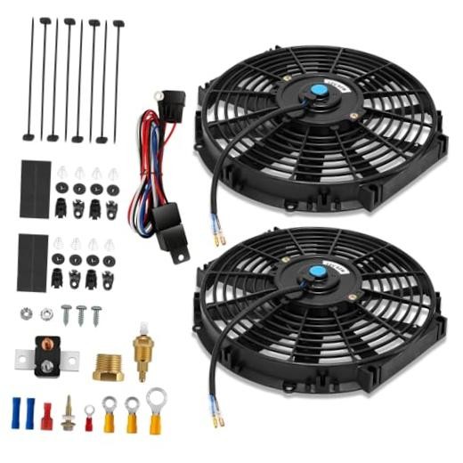 10" Dual Electric Radiator 10 Inch w/Thermostat Wiring Switch Relay Kit Black