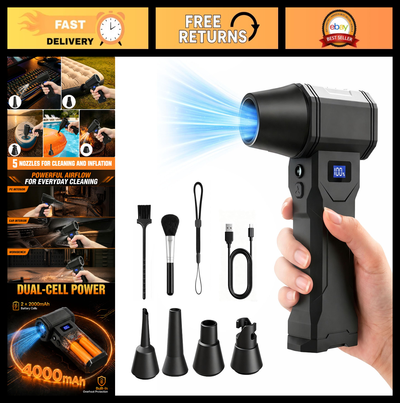 High-Power Cordless Air Duster 130,000 RPM, 4-Speed Rechargeable Blower, LED Lig