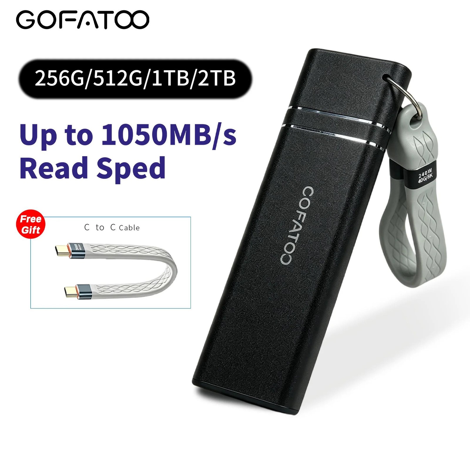 GOFATOO 1TB Portable External PSSD 1050MB/s USB3.2 Gen2 Type‑C Black