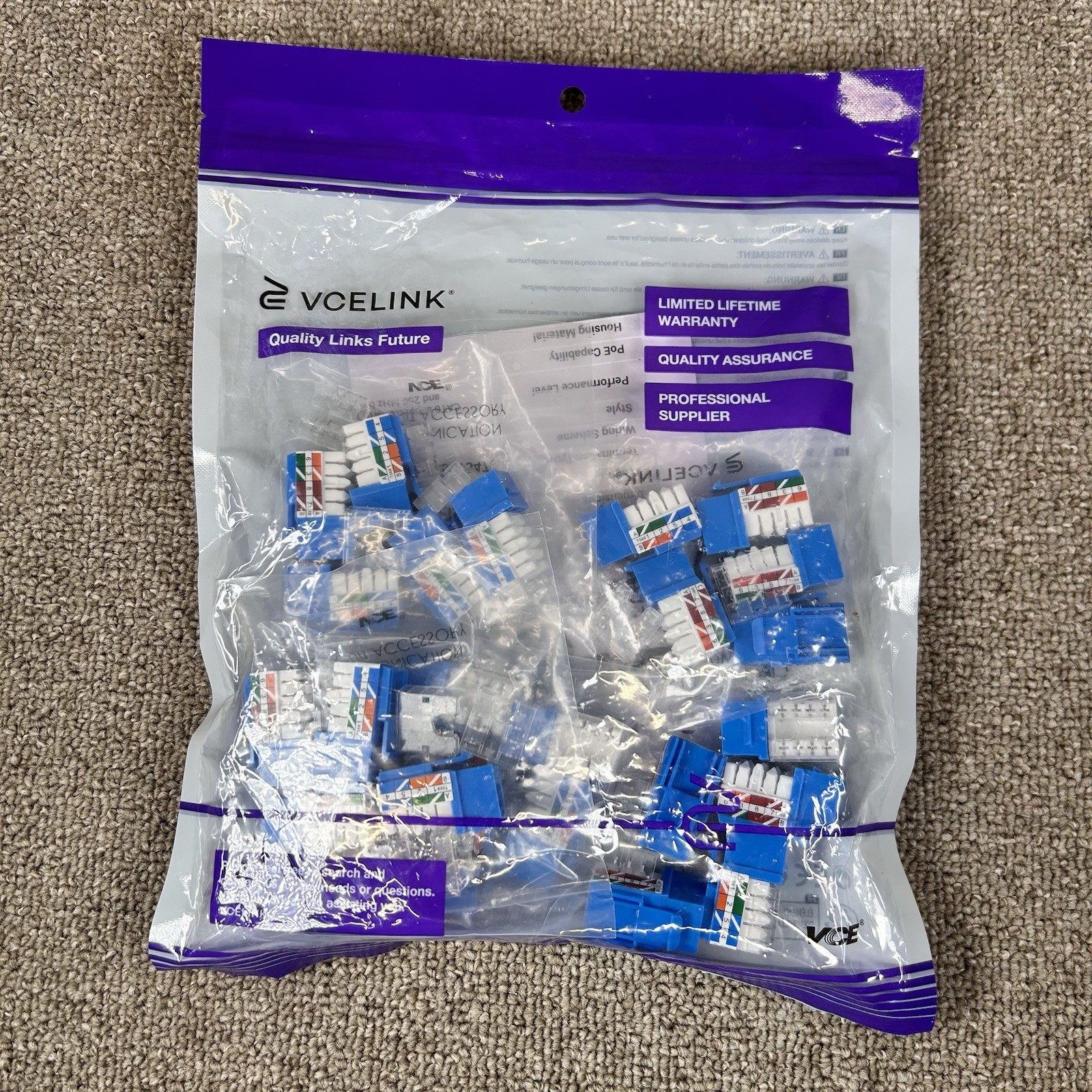 VCE RJ45 Cat6 Keystone Jack UL Listed 25-Pack C265BL-6-25P-US