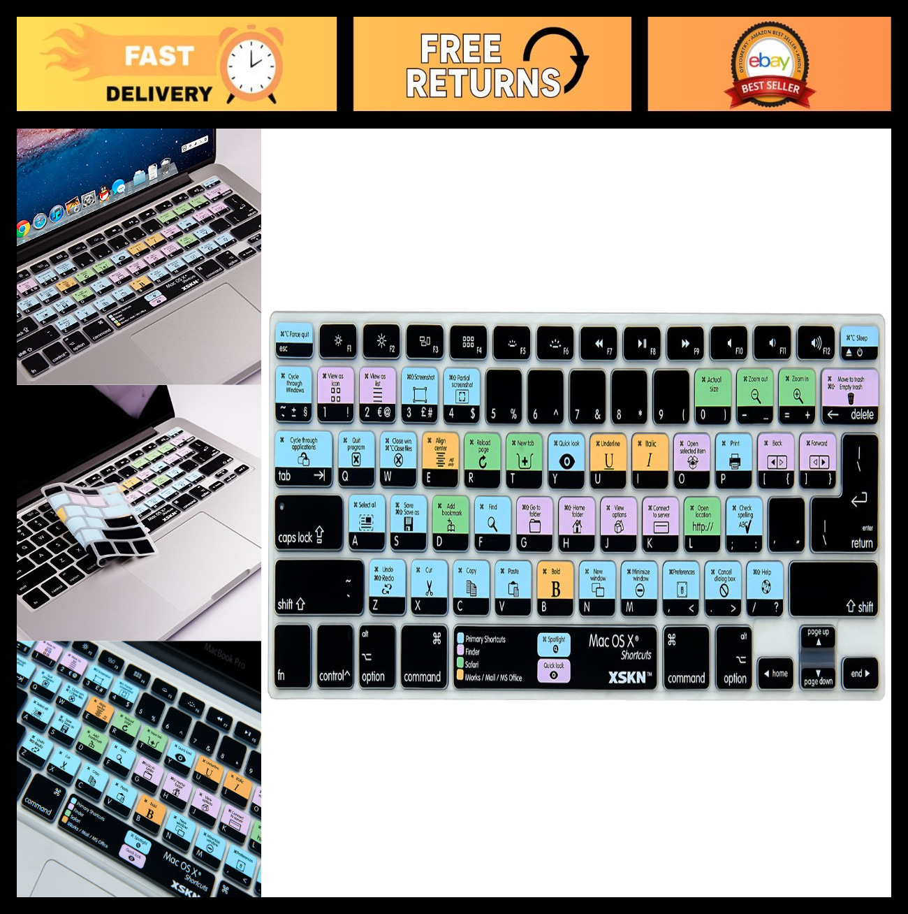 Silicone Keyboard Skin Cover for MacBook 13/15/17 - Adobe Hotkey Shortcuts, US/E