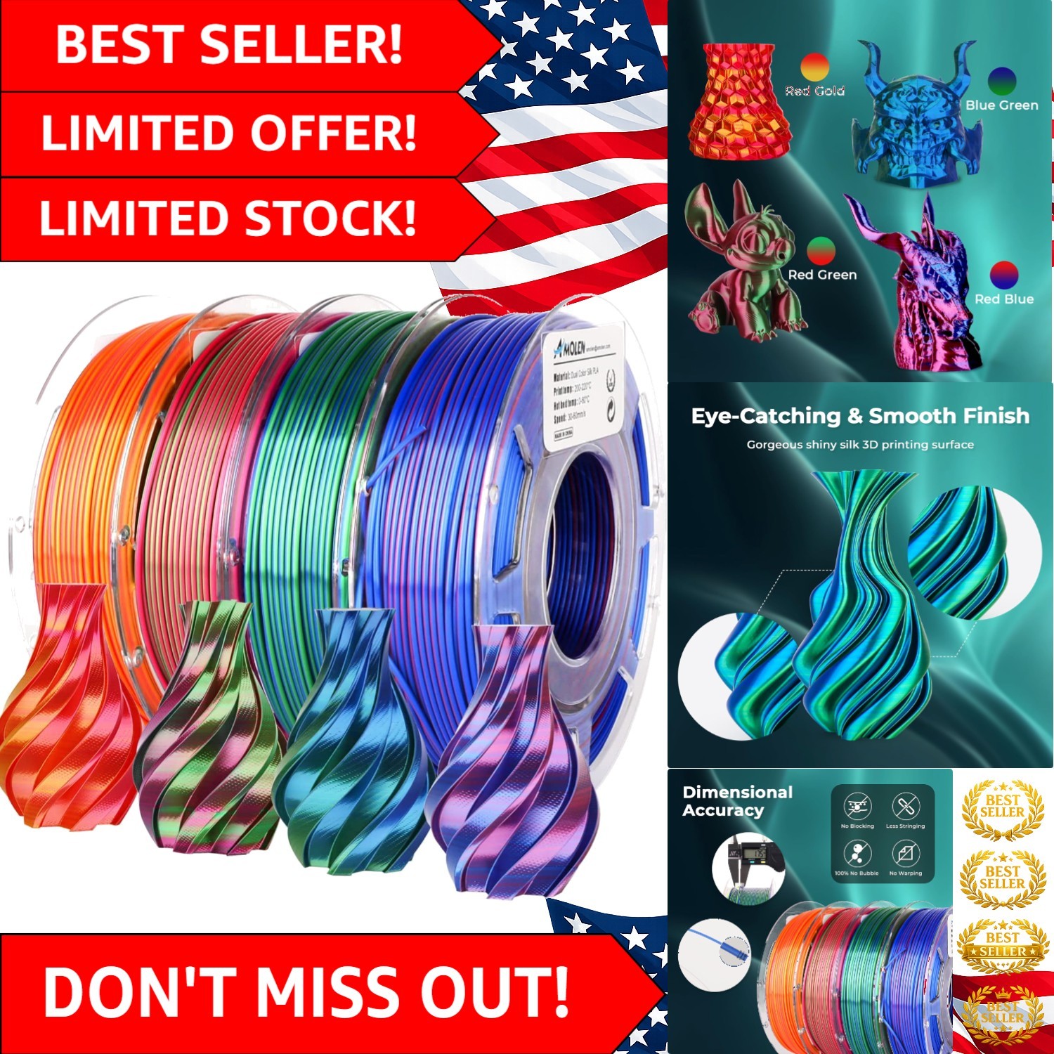Vibrant Dual Color Silk PLA Filament - 4 Spools, 1.75mm, Great for 3D Crafts