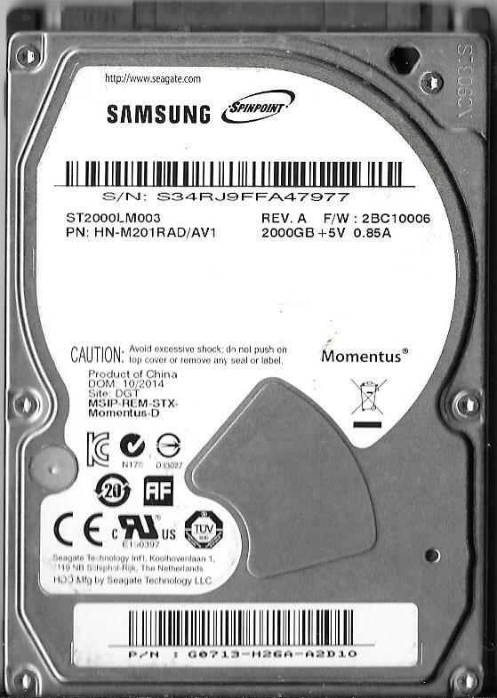 Samsung ST2000LM003 2TB Sata Hard Drive P/N: HN-M201RAD/AV1 F/W: 2BC10006