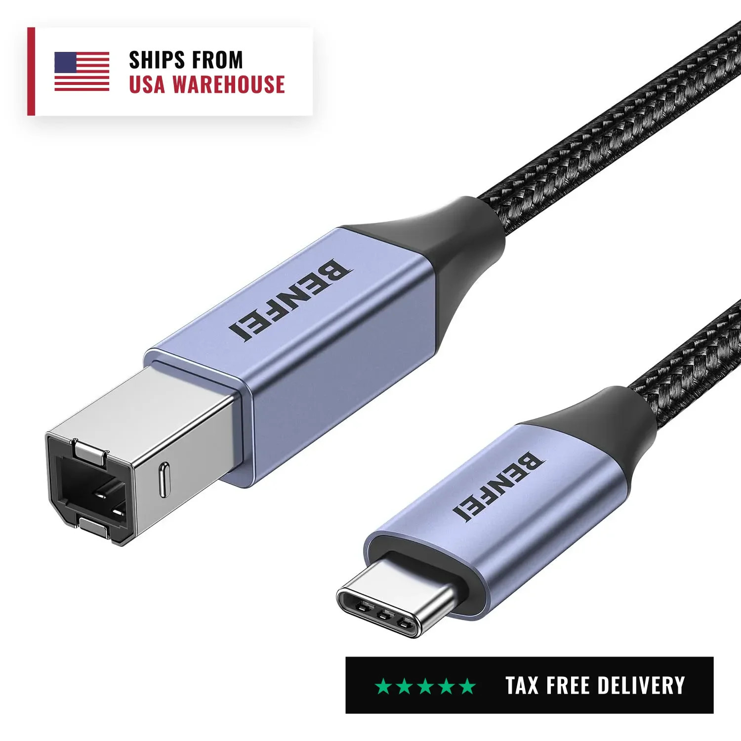 USB B to USB C Printer Cable 6.6ft, Nylon Braided, Premium Aluminium Alloy Case