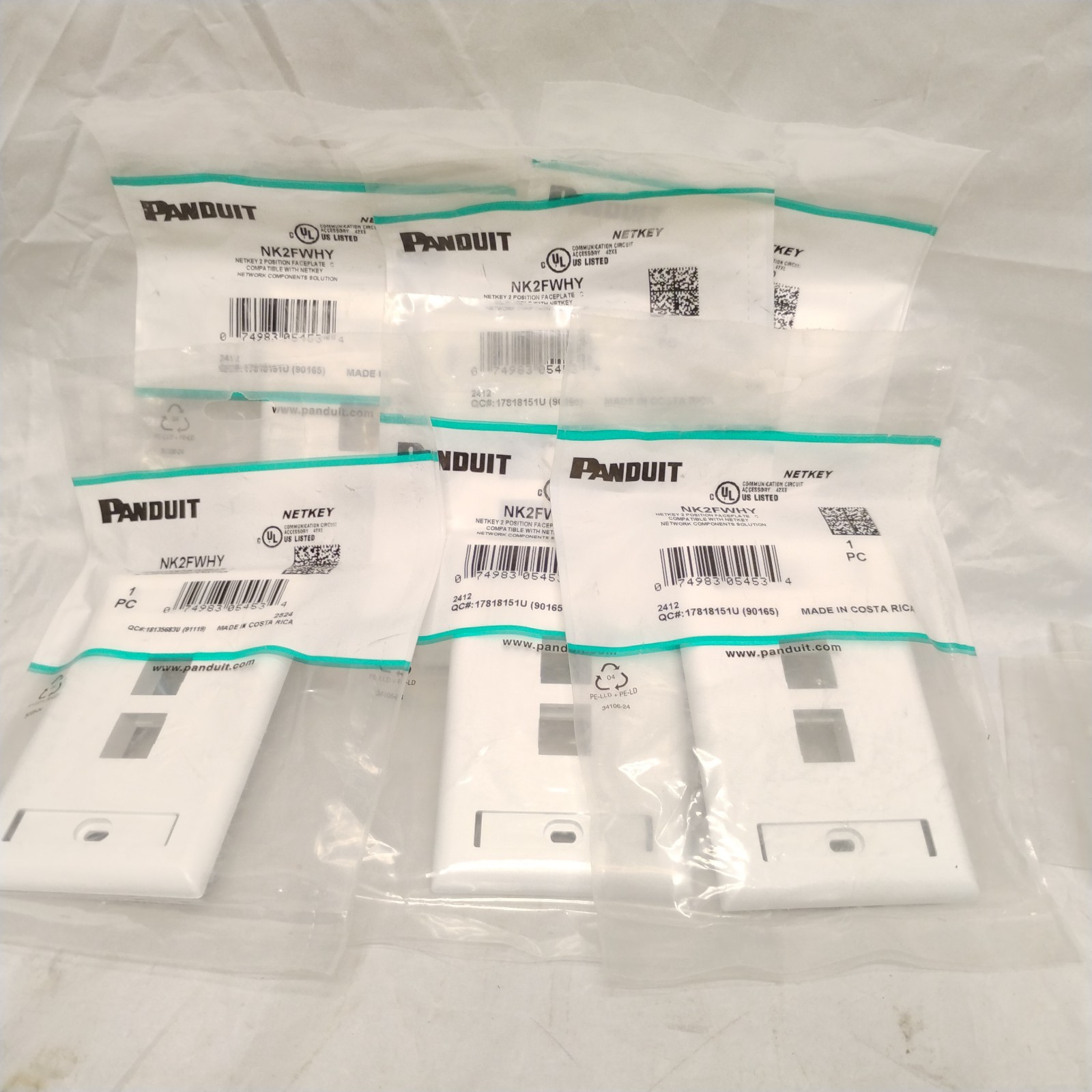 6 Pc. Panduit NetKey NK2FWHY Modular Faceplate, 2-Port, Bright White.