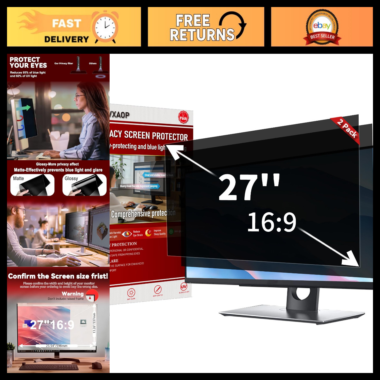 27" Computer Privacy Screen Filter 2-Pack, 16:9 Aspect Ratio, Anti-Glare Shield