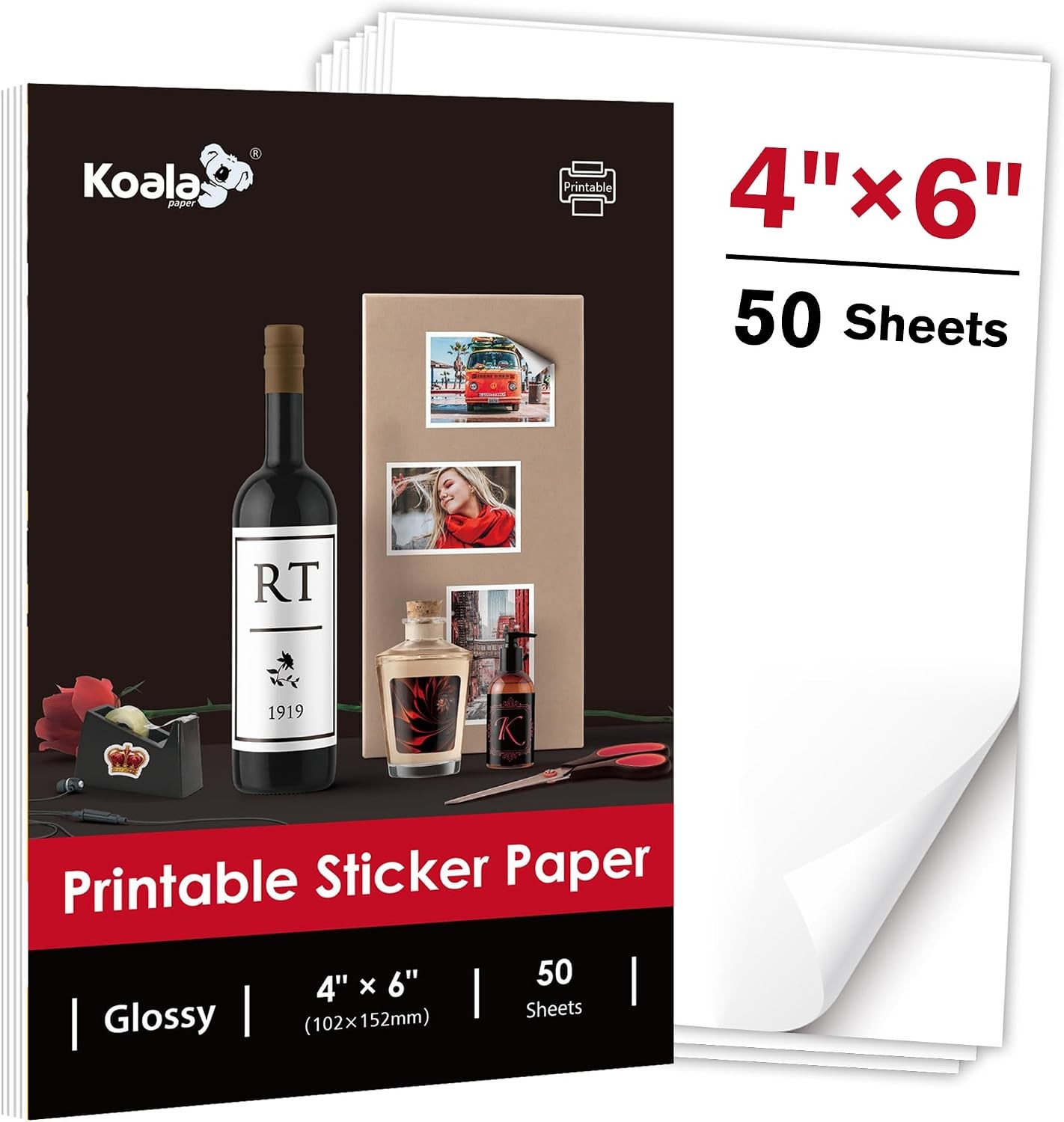 4x6 Inch Full Sheet, Koala Glossy Sticker Paper for Inkjet & Laser Printer
