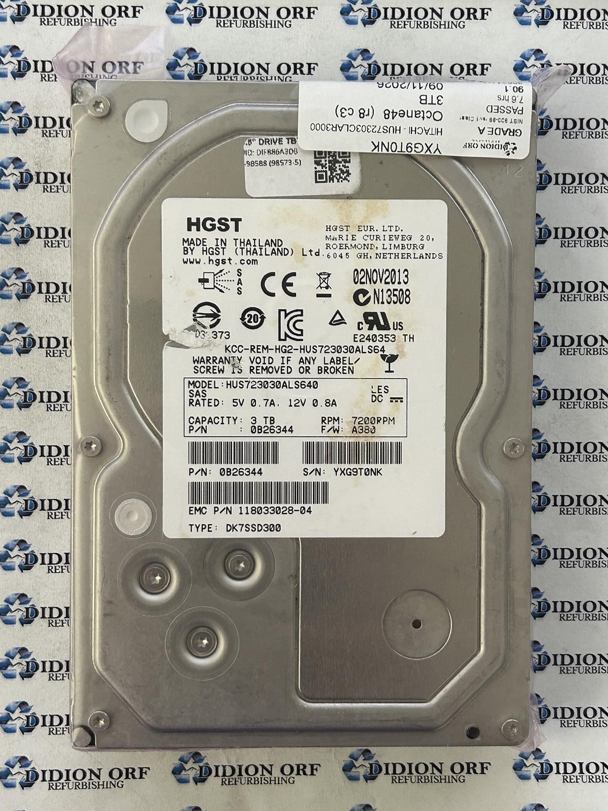 HITACHI 3TB 3.5" SAS HDD 7200 RPM HUS723030ALS640, GRADE B, SKU 27445