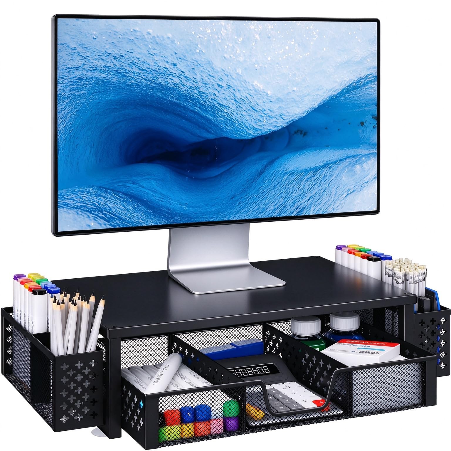 Simple Trending Monitor Stand with Drawer and 2 Pen Holders, Black