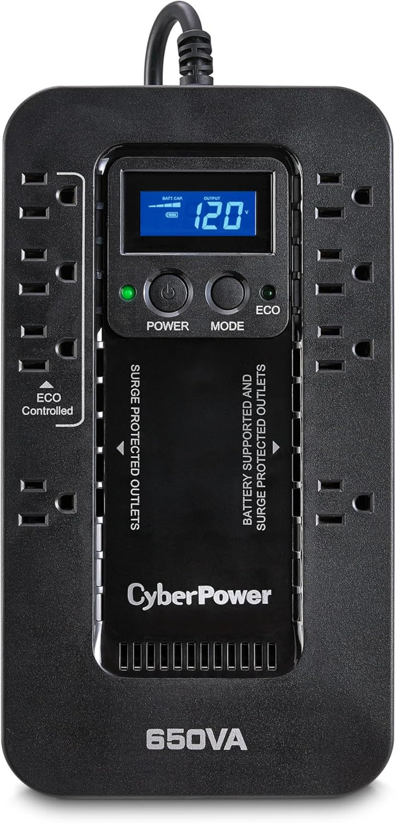 EC650LCD Ecologic Battery Backup & Surge Protector UPS System, 650VA/390W, 8 Out