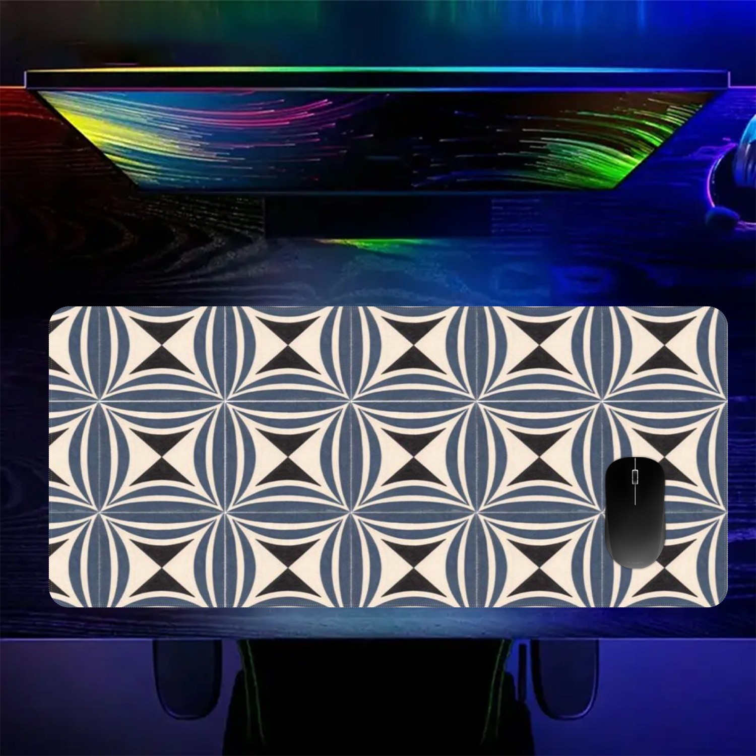 1pc Blue and White Geometric Pattern Mouse Pad & Desk Mat, Featuring a Blue an