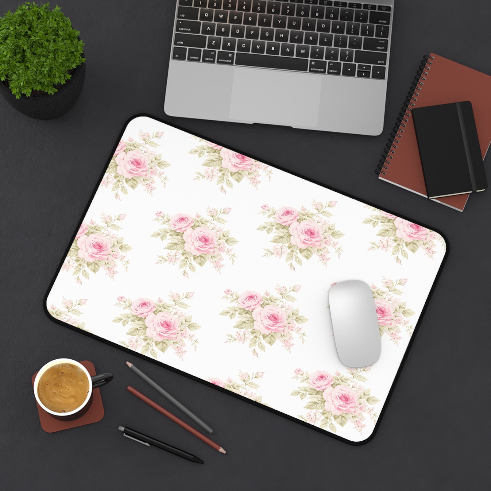 Pink Rose Pattern Desk Mat | Floral Office Mousepad  Shabby Chic