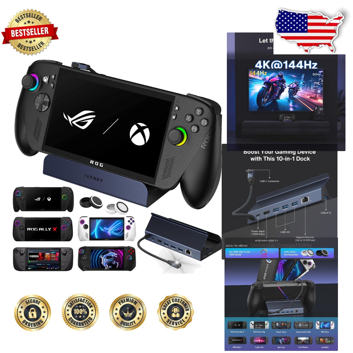 Steam Deck OLED/ROG Ally X Docking Station, 10-in-1 4K@144Hz HDMI 2.1, 100W PD