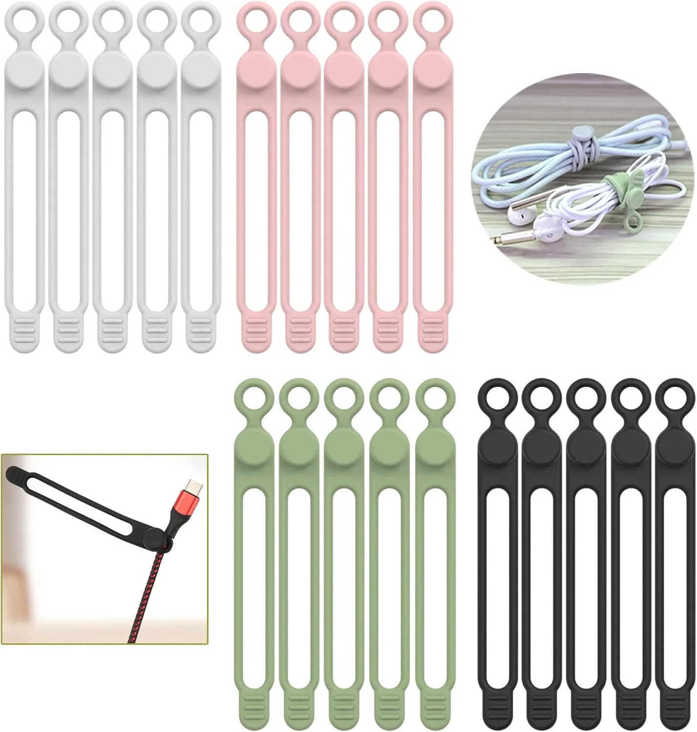 UMUST 20Pcs Silicone Cable Ties, Cable Management Cord Organizer Multicolor