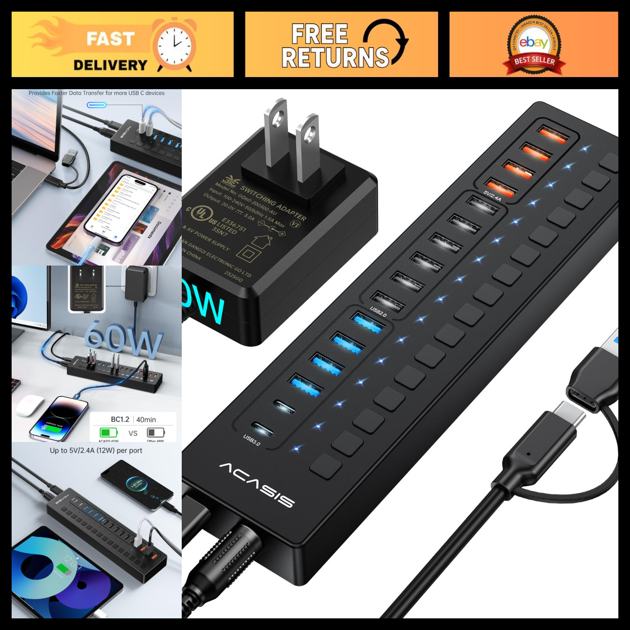 16-Port Powered USB 3.0 Hub with 2 USB-C & 4 Smart Charging Ports, 60W Adapter,