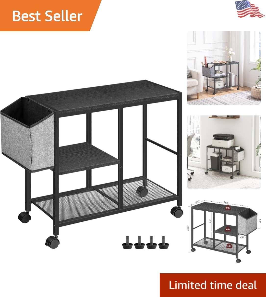Multi-Purpose 3-Tier Printer Stand - Mobile Office Organizer & Storage Solution