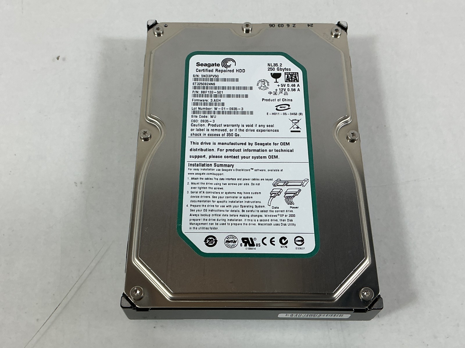 Seagate ES 250GB 3.5" SATA 7200RPM Server HDD - ST3250820NS