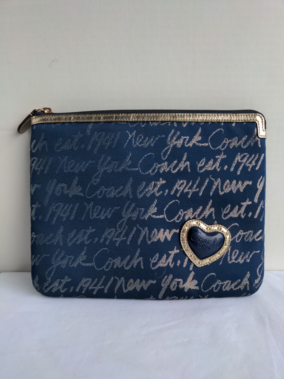 Coach Signature Script Tablet Sleeve Case Clutch Blue & Gold Glitter Heart NWT