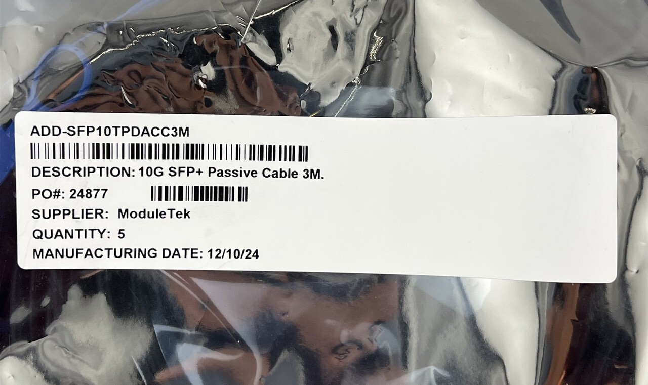 LOT OF 150 MODULETEK ADD-SFP10TPDACC3M SFP+ 10G 3M PASSIVE CABLES 24877