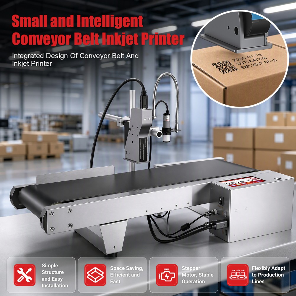 Mini Conveyor Auto Inkjet Printer w/ 42ml Ink Batch Date Barcode QR Label Coder