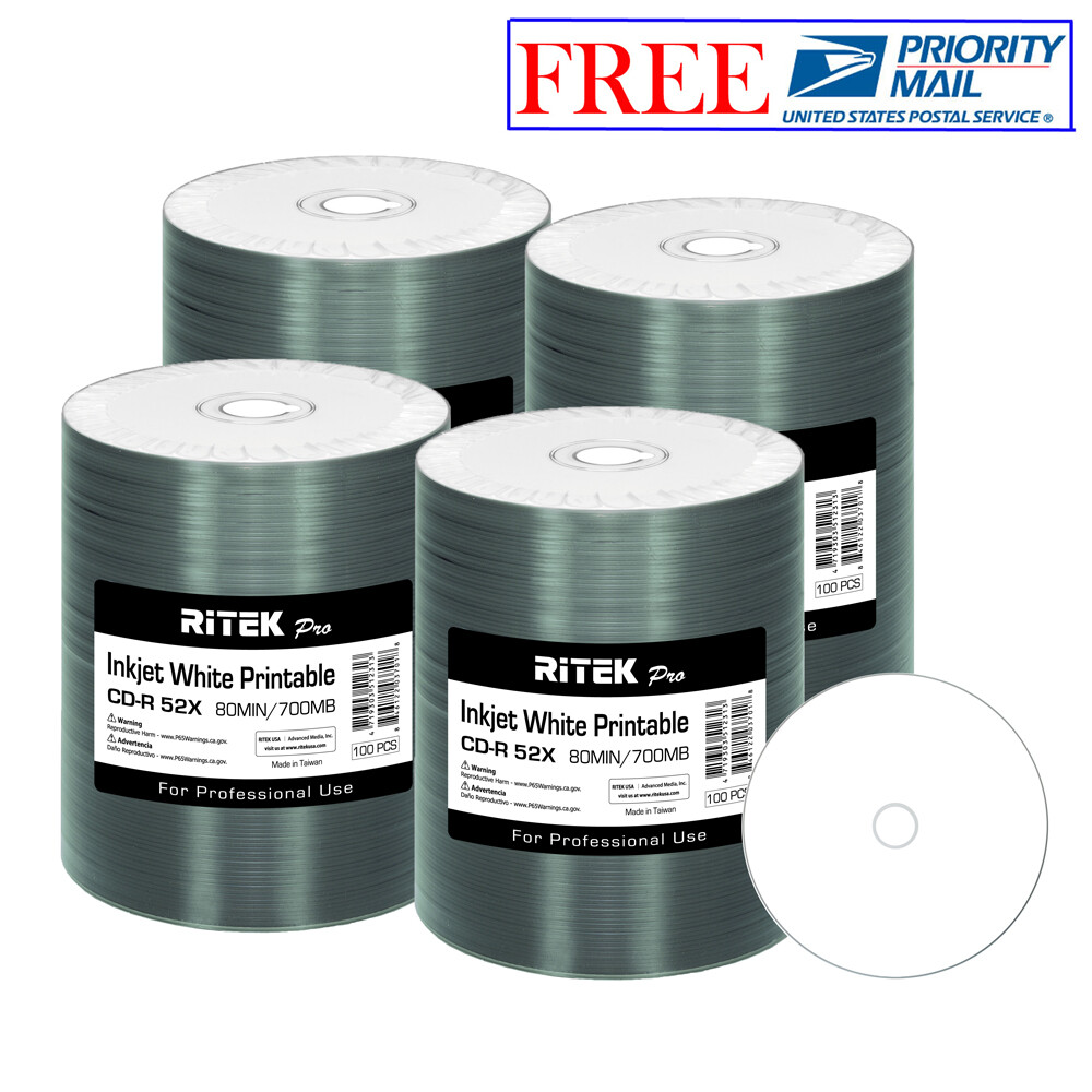 400 Pack Ritek Pro CD-R 52X 700MB White Inkjet Hub Printable Blank Media Disc