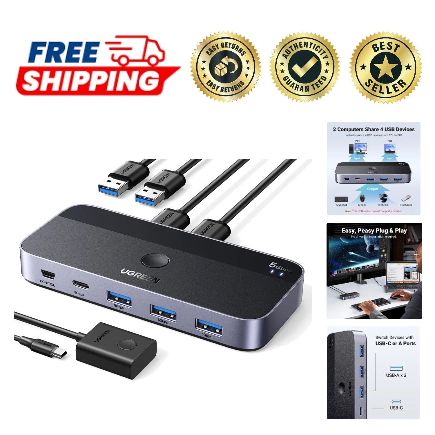 Plug & Play USB 3.0 Switch Hub - Effortlessly Connect 2 PCs & Multiple Devices