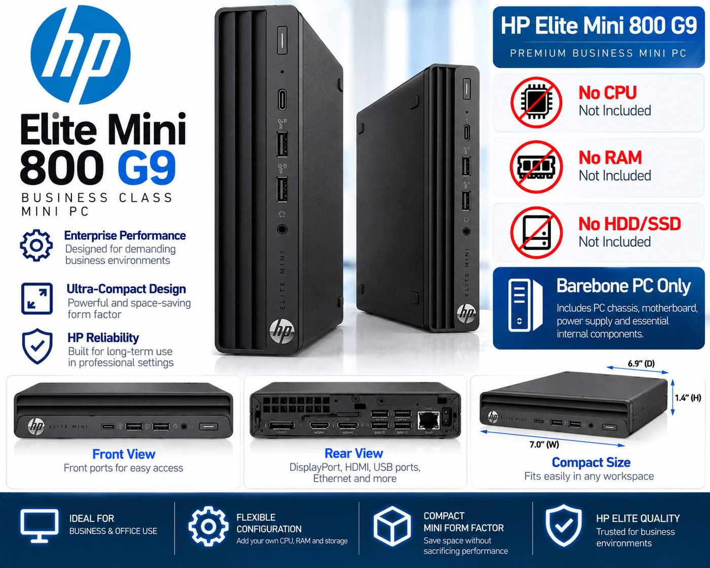 NEW HP Elite Mini G9 800 Tiny PC -  No CPU/RAM/HDD/GPU - Barebone PC only
