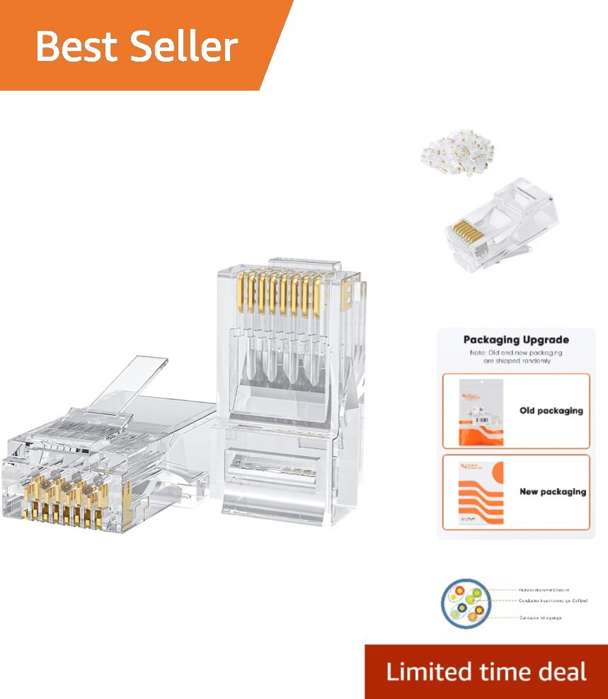 Transparent Cat6 RJ45 Crimp Connectors 100 Pack for Solid & Stranded Cable