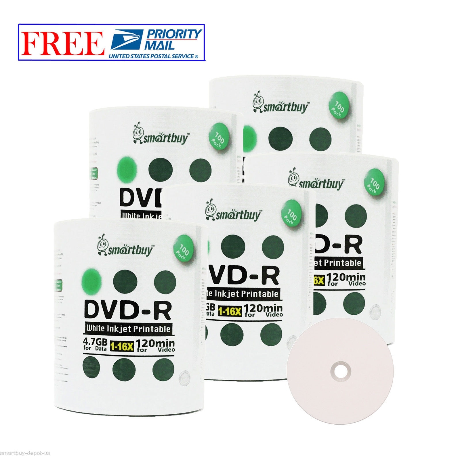 500 Pack Smartbuy 16X DVD-R 4.7GB White Inkjet Hub Printable Disc Priority Mail