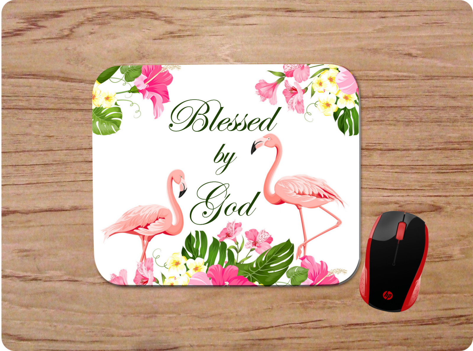 FLAMINGO BLESSED BY GOD RELIGIOUS CUSTOM MOUSE PAD HOME OFFICE TROPICAL DECOR 