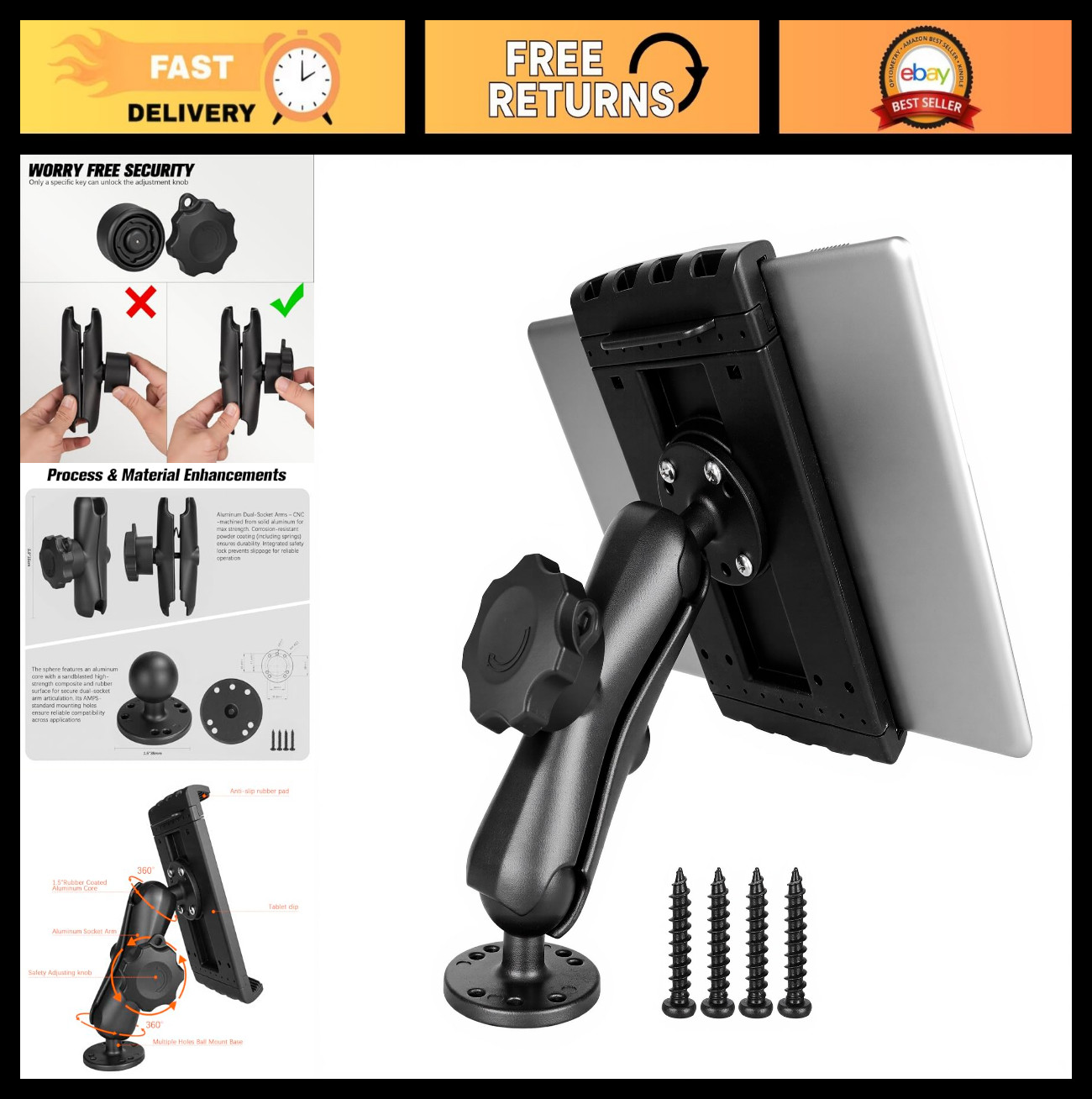 Heavy-Duty Anti-Theft Tablet Mount for 7.5''-12.9'' Tablets & iPad - Drill Base,