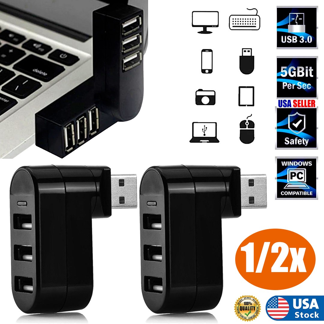2pcs 3-Port USB Hub [90°/180° Degree Rotatable] USB Splitter USB Expander Multip