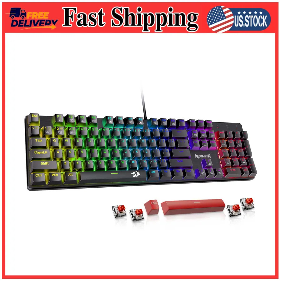 Redragon Mechanical Gaming Keyboard Wired Red Switch Hot Swappable Backlit PC...