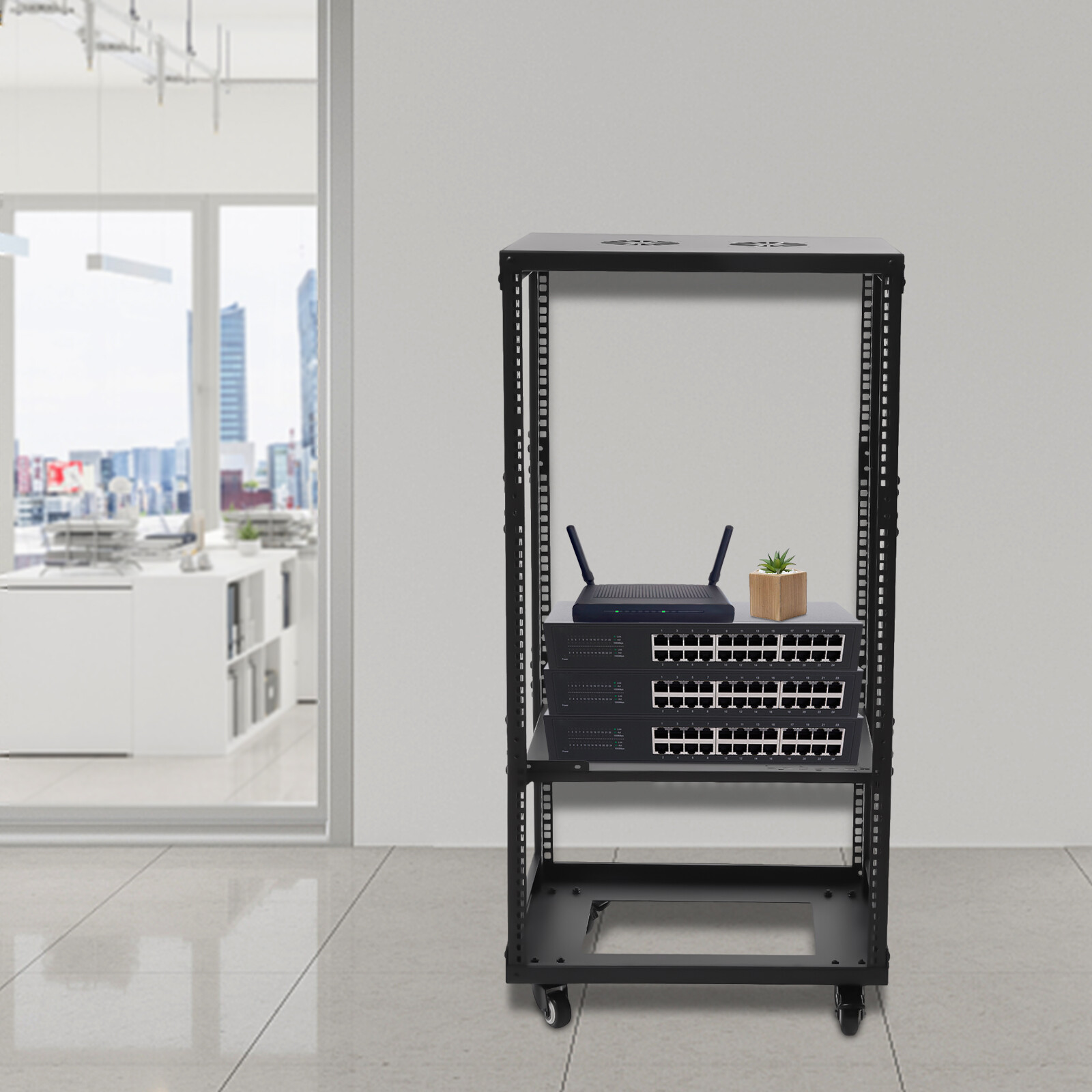 18U 4 Post Open Frame Network Server Rack Holder on Caters Adjustable 0-31.5"