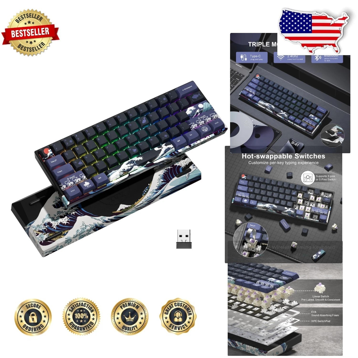 XVX Wireless 60% Mechanical Keyboard, RGB, Hot-Swap Linear Switch, Kanagawa Art