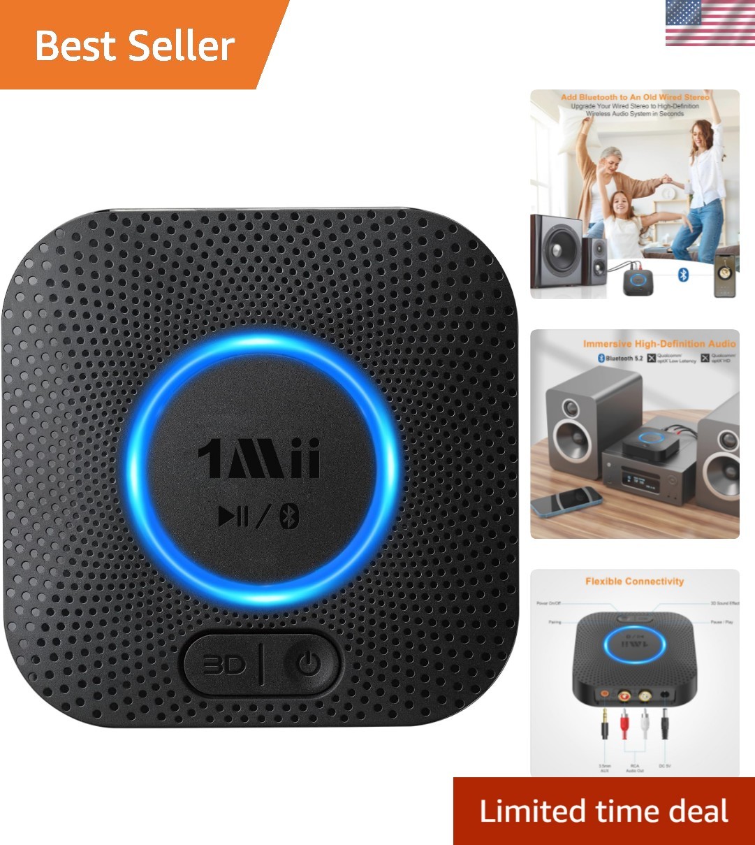 Bluetooth 5.3 Audio Adapter - Effortless Streaming with 3D Sound & Alexa Control
