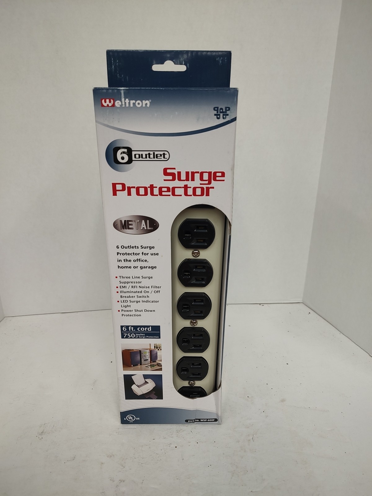 Weltron WSP-600F Metal 6 Outlet Power Strip 750 JOULES, EMI/ Surge Protector