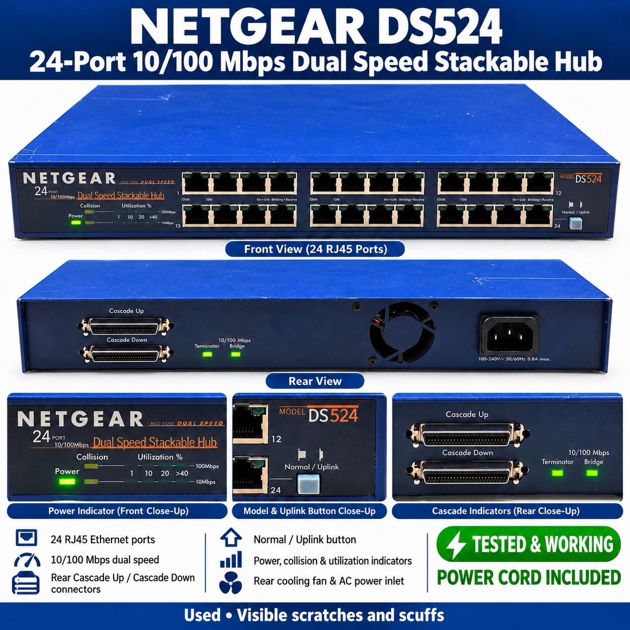 NETGEAR DS524 24-Port 10/100Mbps Stackable Ethernet Hub Tested w/ Power Cord