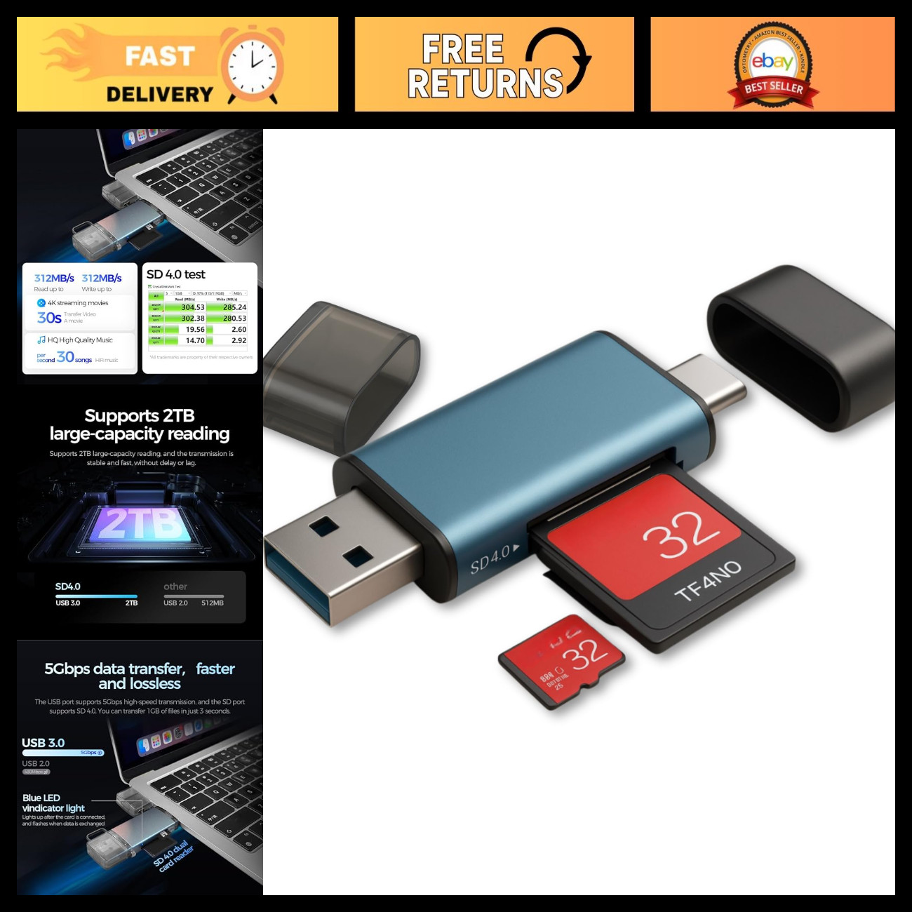 High-Speed USB-A & USB-C SD Card Reader - 312MB/s for iPhone, Android, PC, MacBo