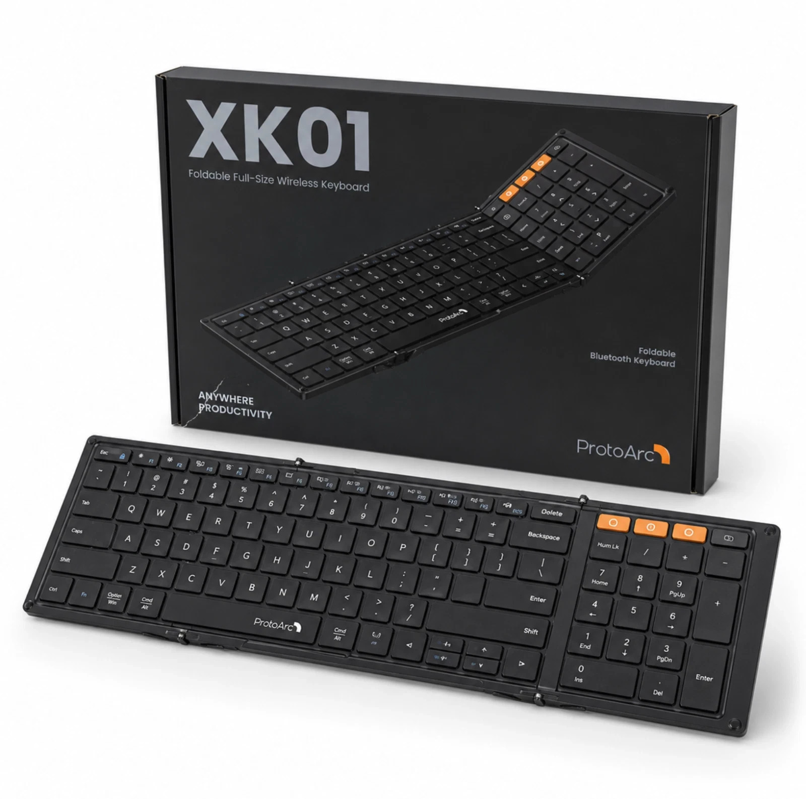 ProtoArc XK01 Foldable Full Size Bluetooth Keyboard 105-Key Black, NEW