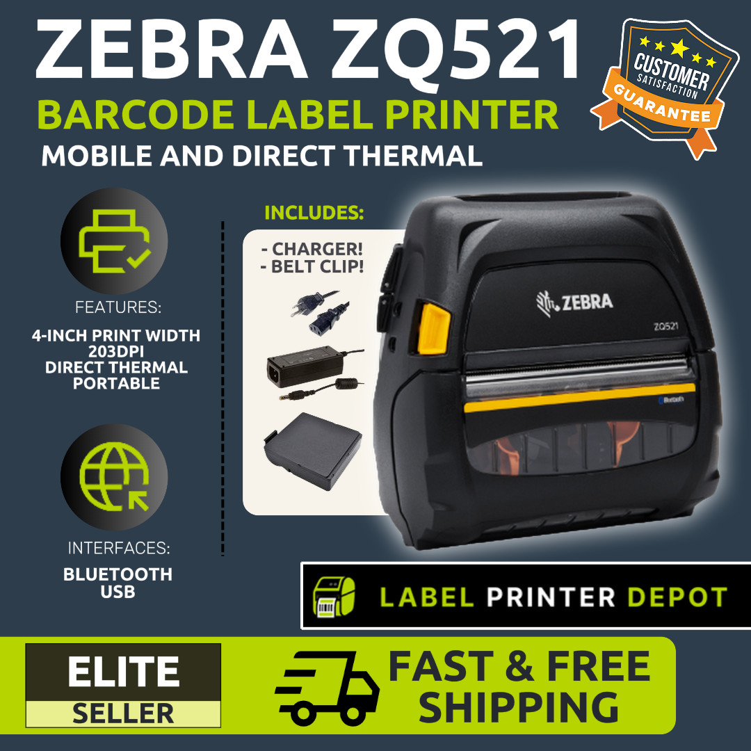 ✅Zebra ZQ521 Bluetooth Thermal Label Printer w/ Battery, Charger, Belt Clip🔥⭐