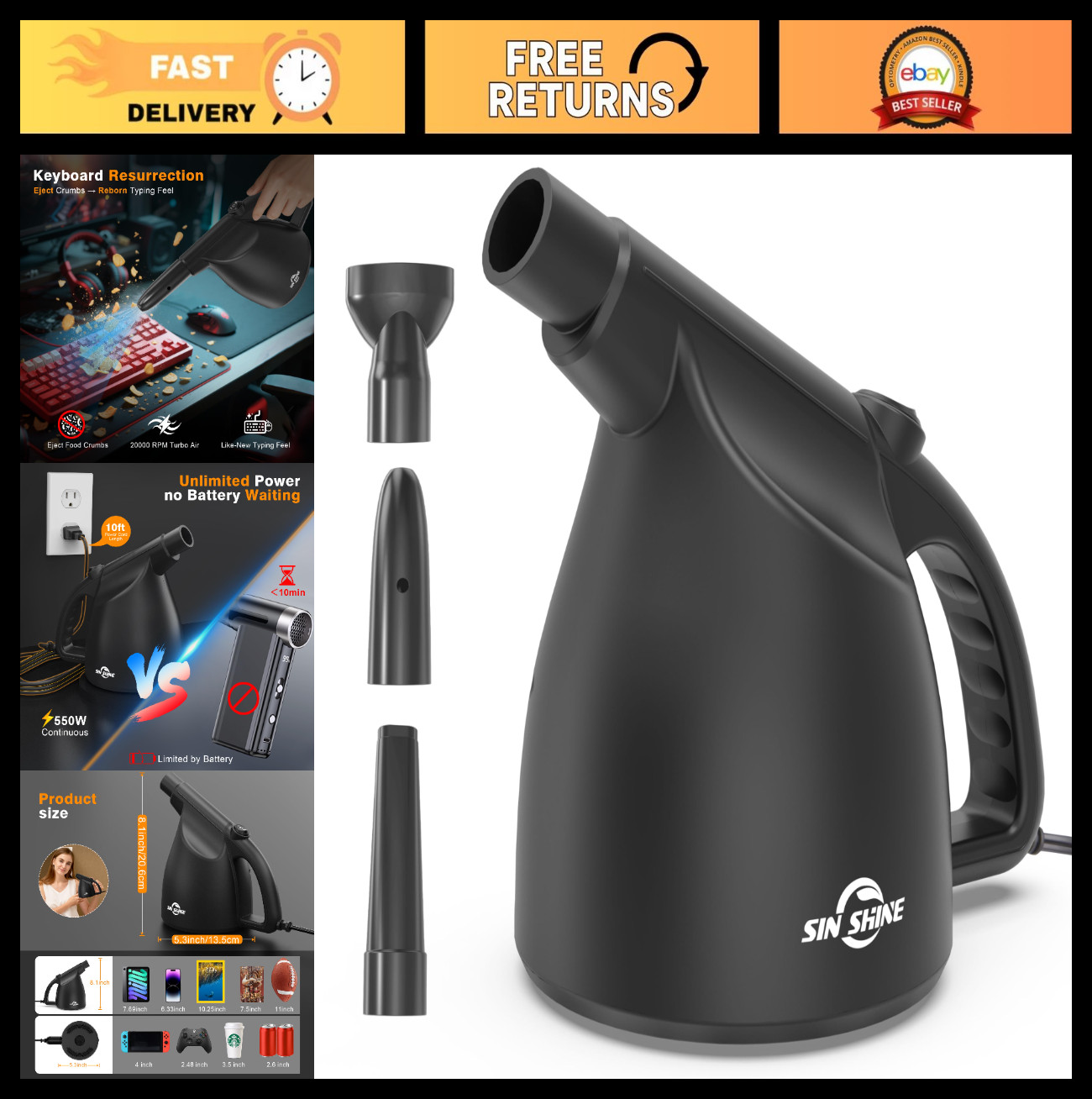 High-Power Electric Air Duster 110000RPM - Dust Cleaner for Laptop, PC, Crumbs &