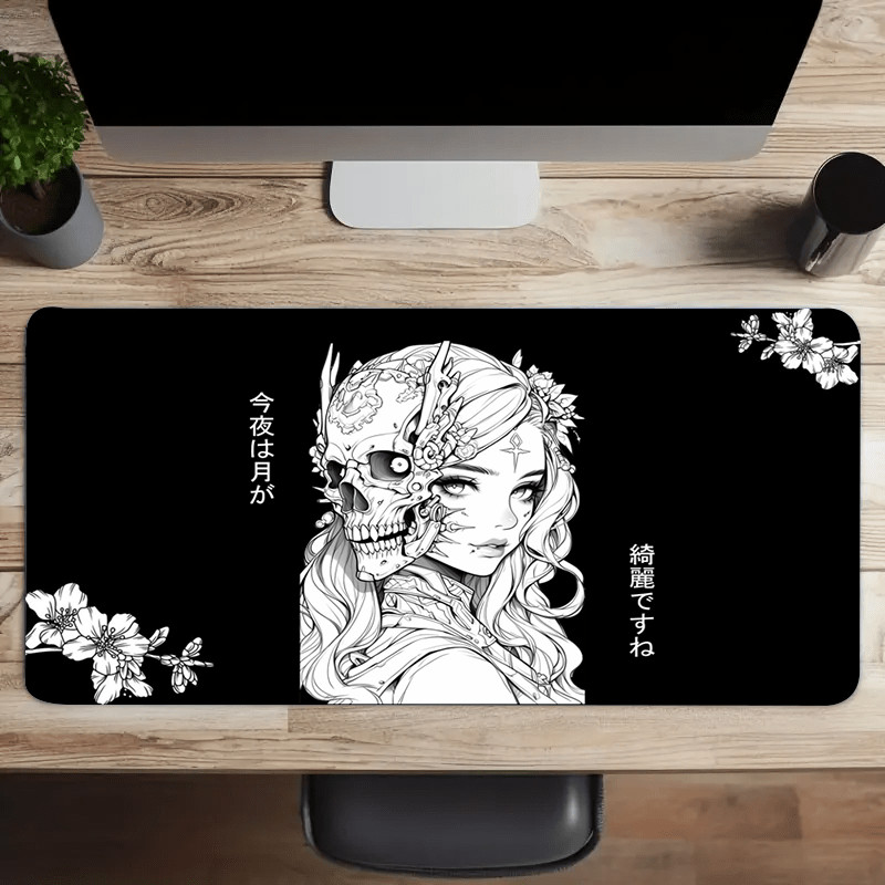1pc Japanese Style Skull Girl Design Desk Mat, Waterproof Polyester Mouse Pad,
