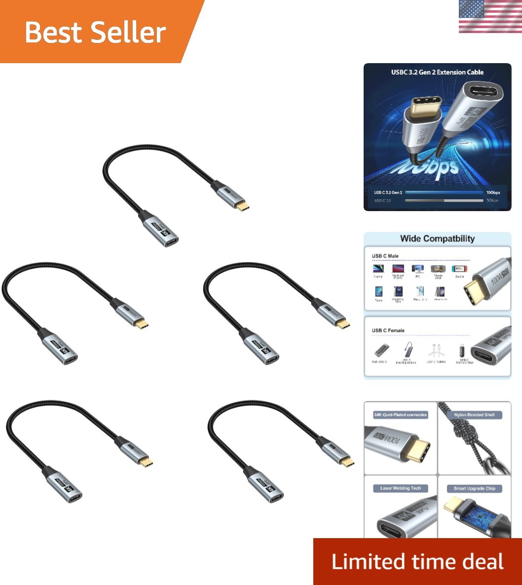 5-Pack 1FT USB C Extension Cable - 100W Fast Charging & 10Gbps Data Transfer