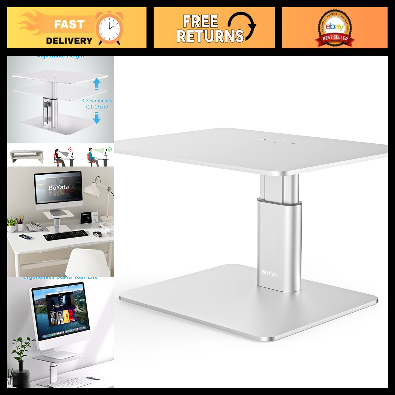 Adjustable Height Metal Monitor Stand, Desktop Riser, Silver - Ergonomic Design